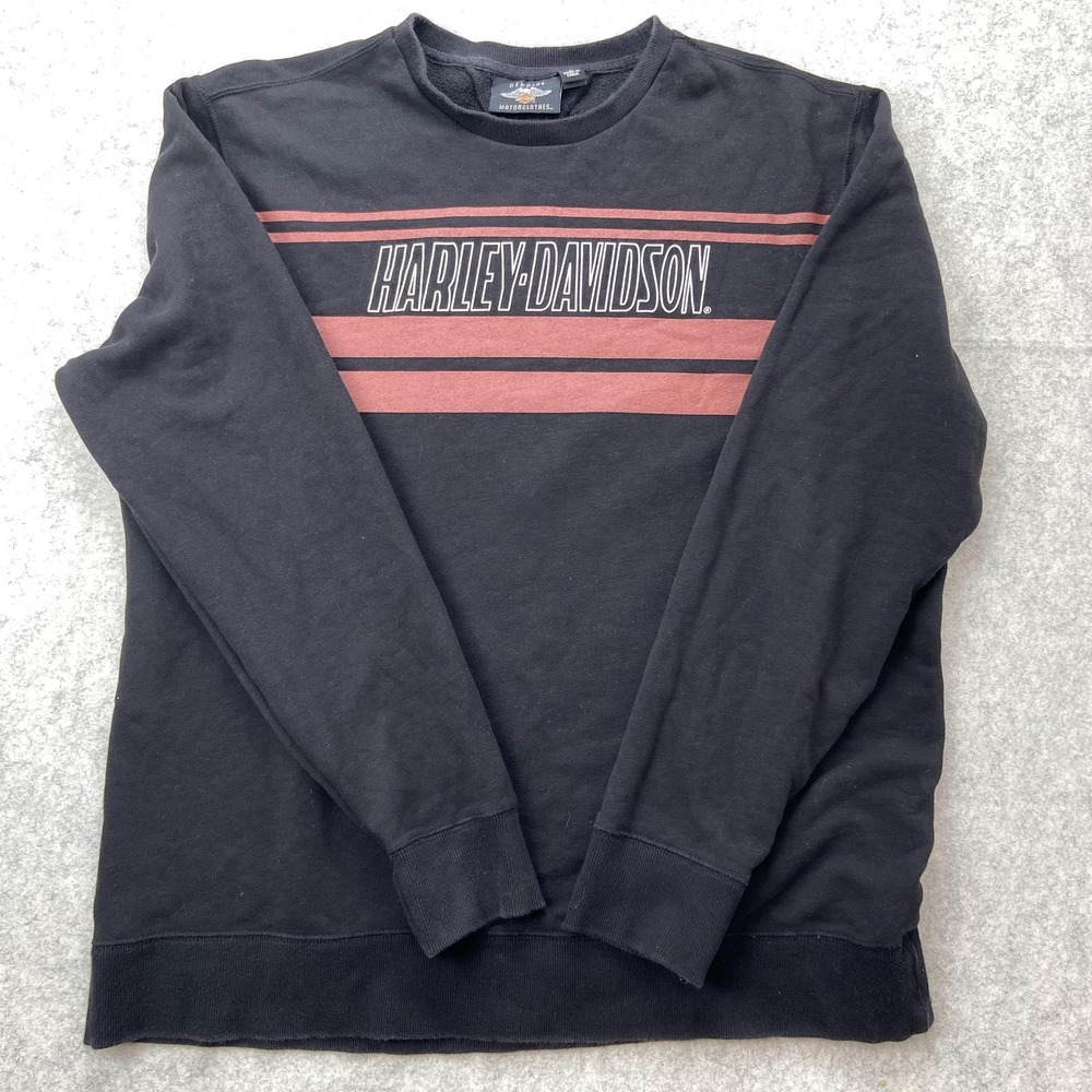 Harley-Davidson Sweatshirt Mens Large Black Crewneck Fleece Pullover Stripe Logo